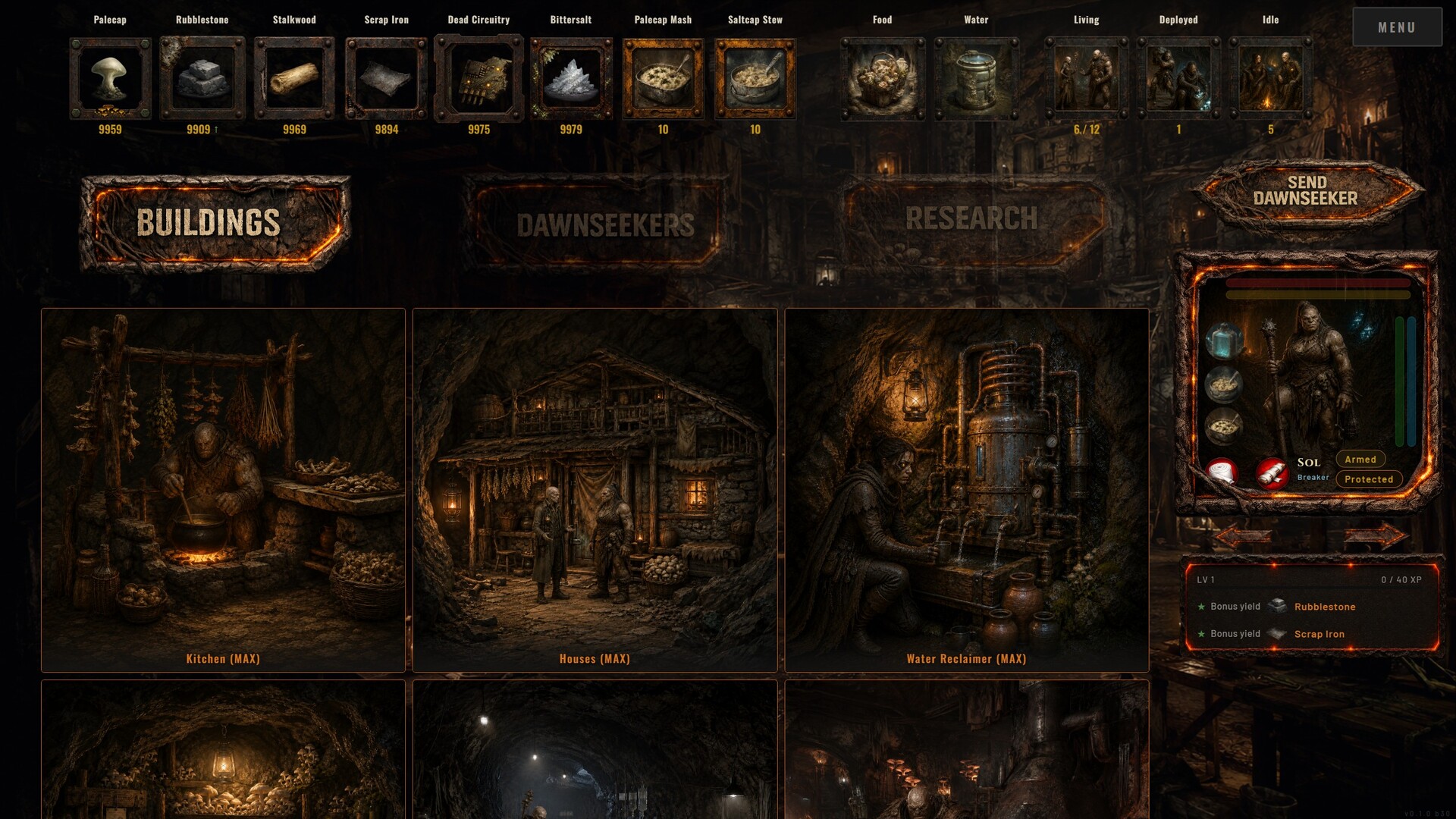 Colony buildings: kitchen, houses and water reclaimer at maximum level
