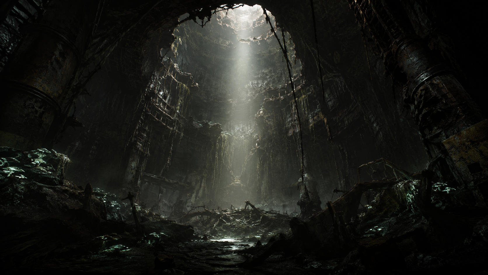 A shaft of light piercing underground ruins toward the surface