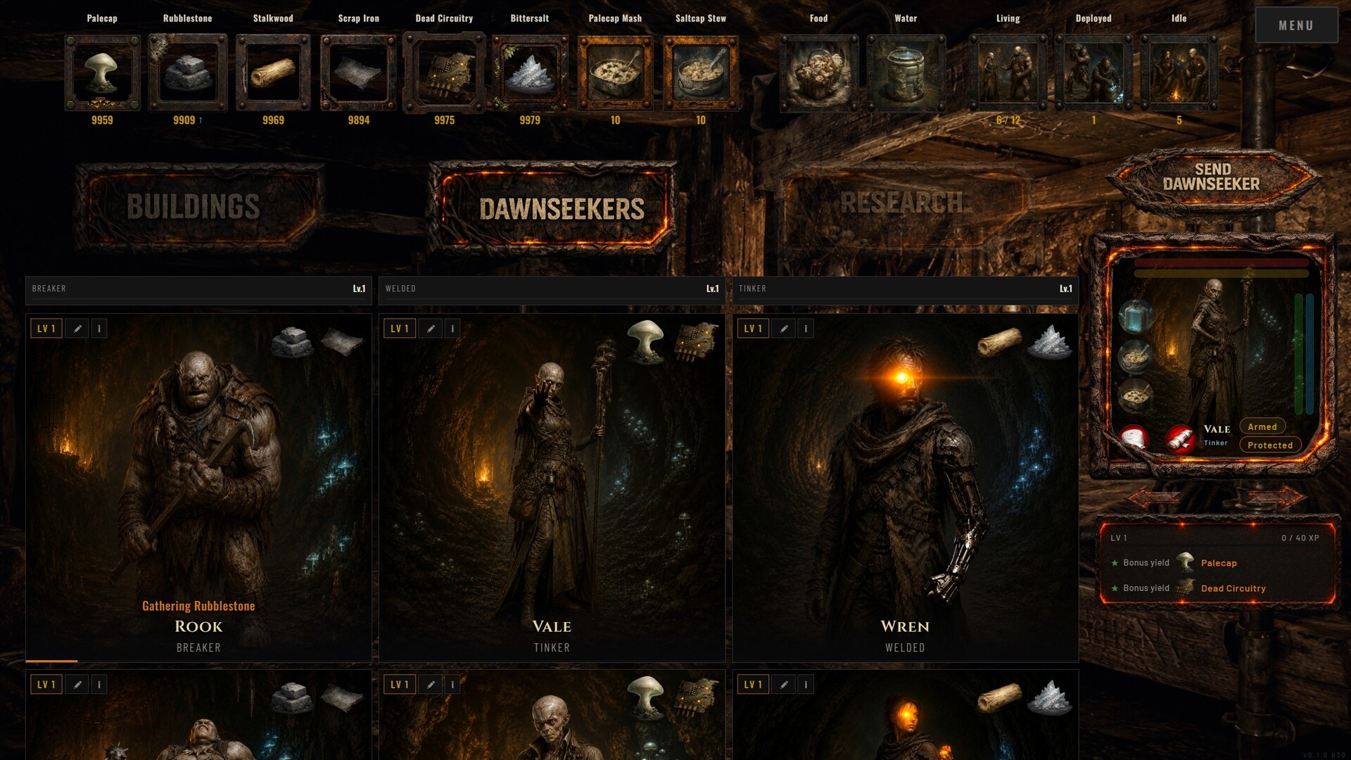 Dawnseeker roster showing Rook, Vale and Wren ready to deploy