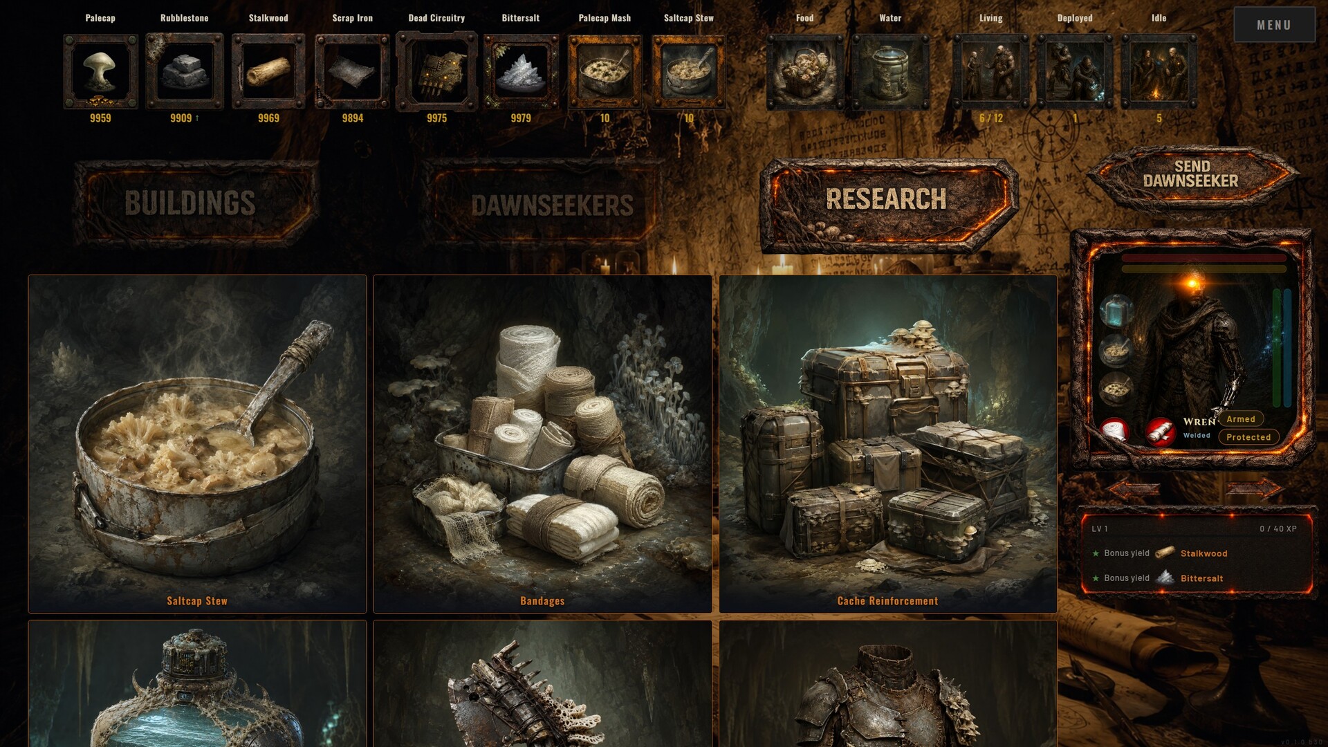 Research screen showing Saltcap Stew, Bandages and Cache Reinforcement