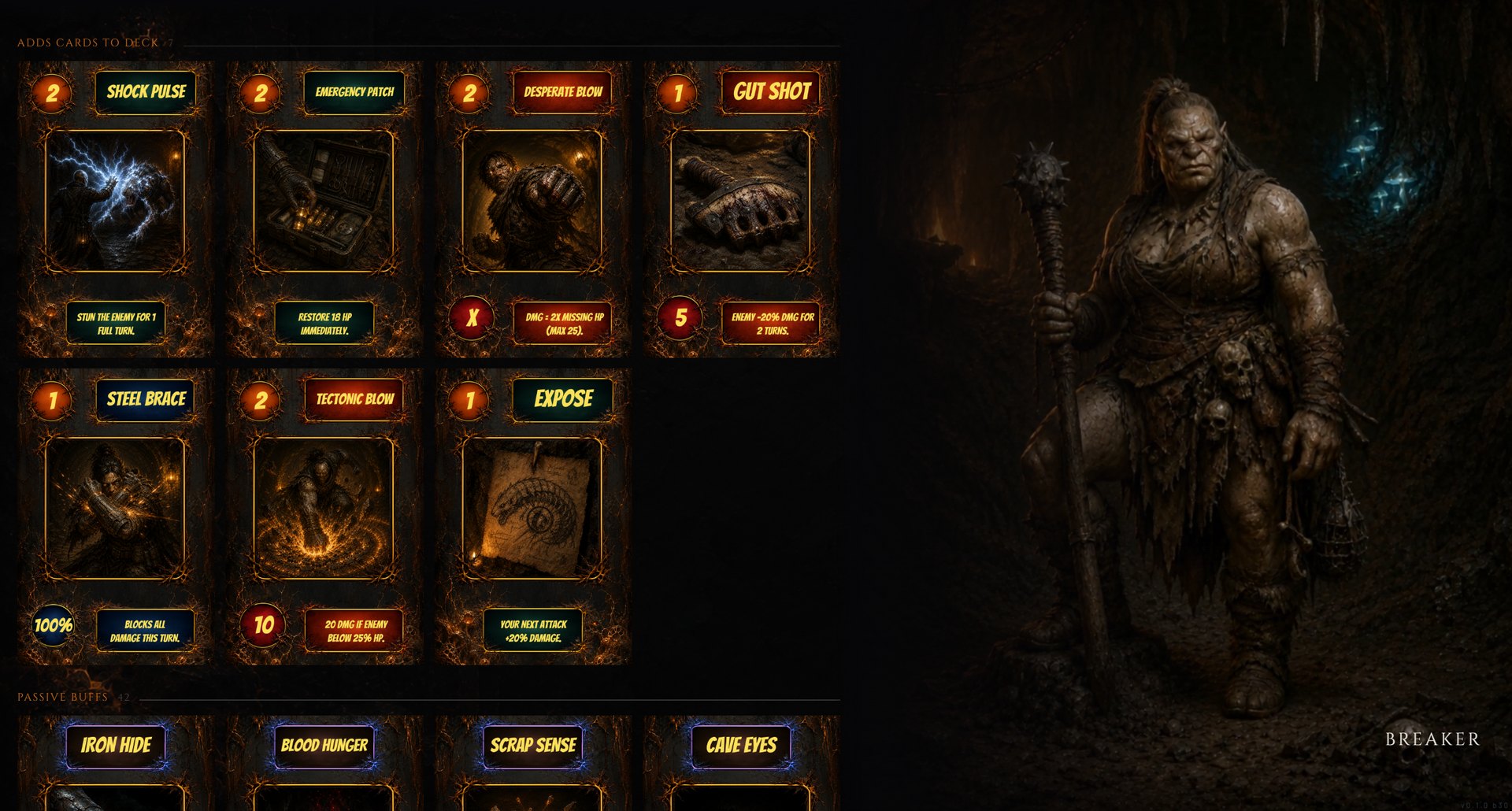 The card compendium: seven deck cards including Shock Pulse, Steel Brace and Desperate Blow, with passive buffs below